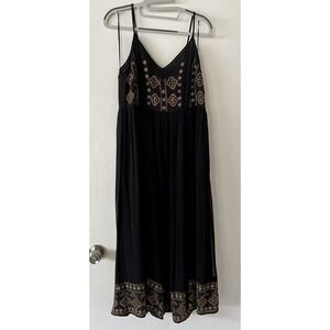 Lucky Brand Black Embroidered Border Print Midi Dress Boho Medium Beaded RARE